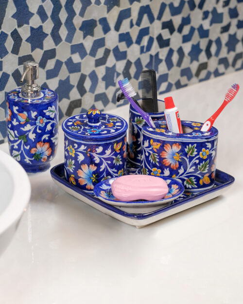 Dark Blue Floral Blue Pottery Bathroom Set