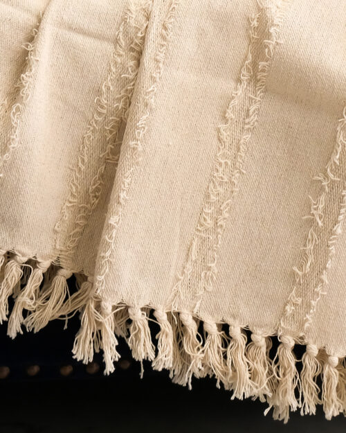 Natural Colour Cotton Woven Fringed Decorative Throw