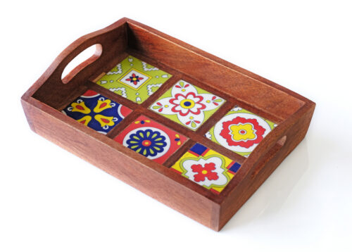 Wooden Ceramic Painted Tile Tray