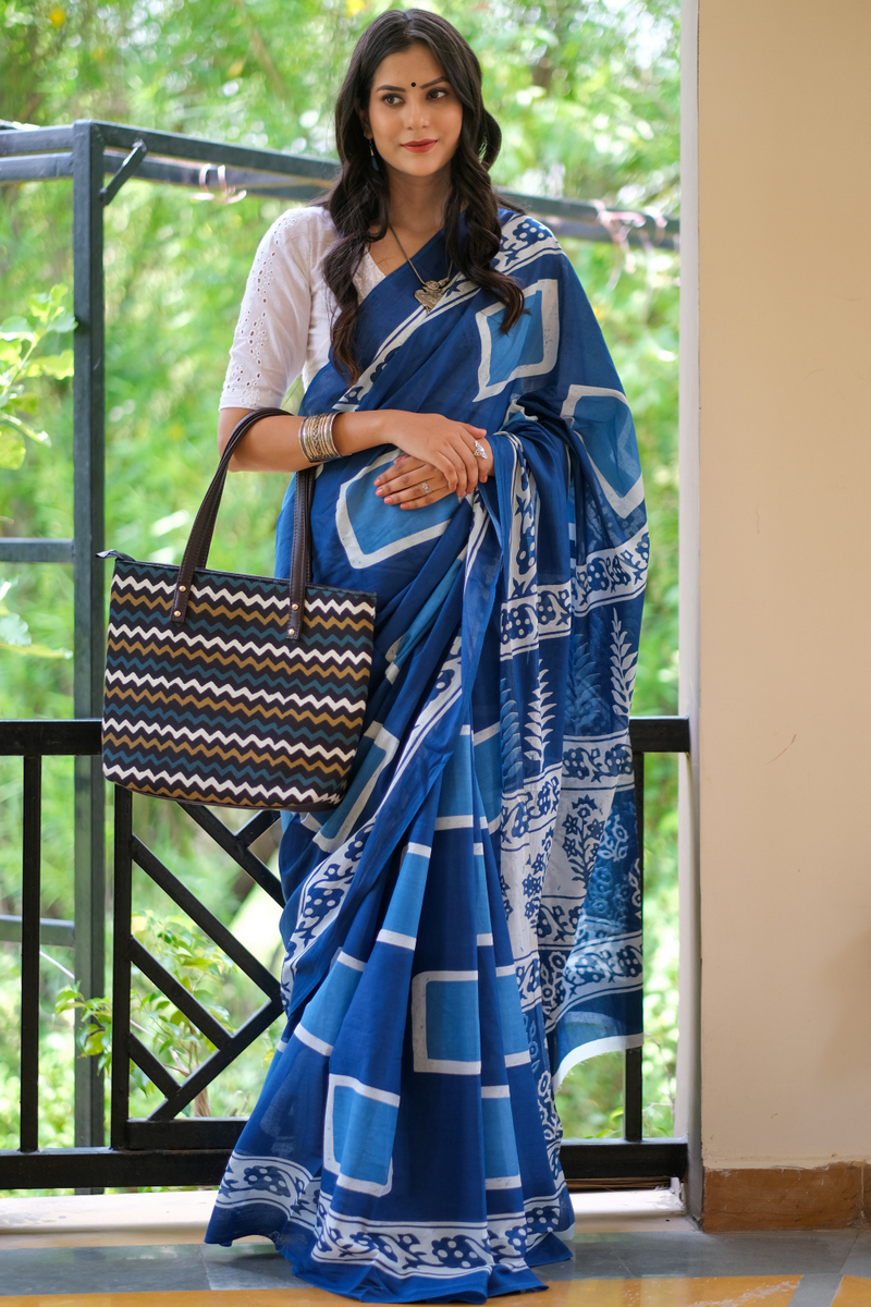 Indigo print cotton mulmul saree with blouse