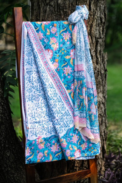 Blue Floral Suit Piece With Dupatta