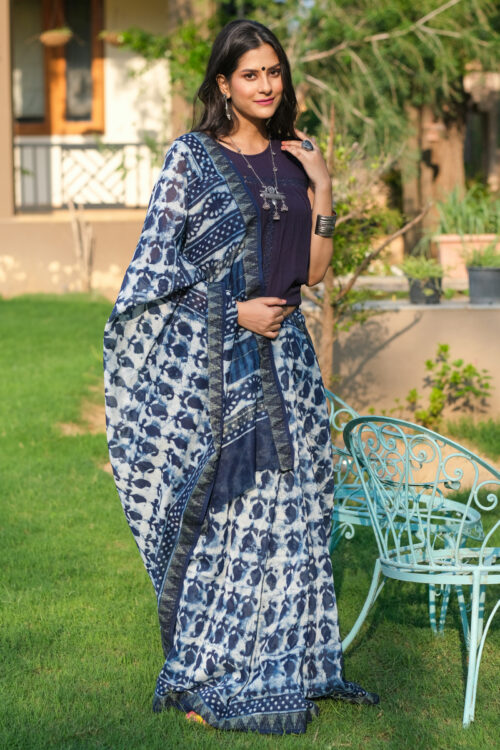 Hand-Printed Indigo Linen Saree
