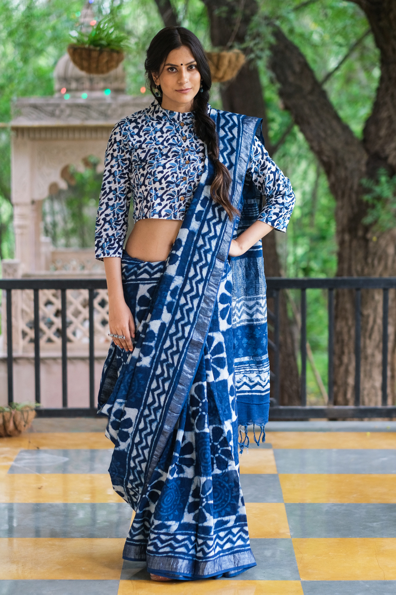 Blue Block Printed Cotton Mul Saree | Chidiyaa