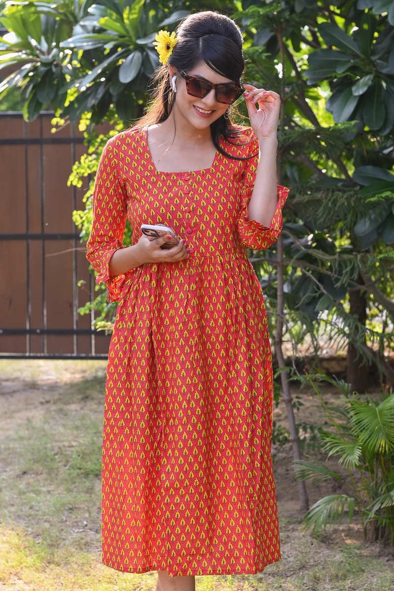 Burnt Orange Cotton Dress - Oorjaa Shopping